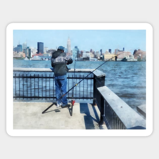 Hoboken NJ - Man Fishing Off Hoboken Pier Sticker by SusanSavad